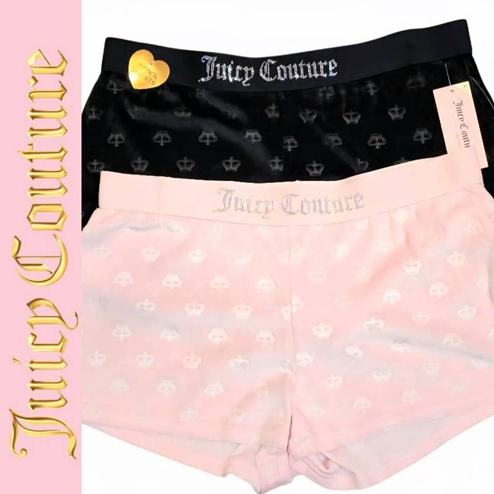 Juicy Couture Rhinestone Band Logo Crown Embossed 2-PK Velour Lounge Sho…